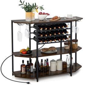 3-Tier Wine Bar Cabinet with Storage Shelves (Color: Brown)